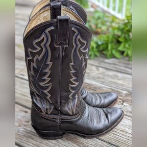 JUSTIN Diamond Mens Dark Brown Leather Cowboy Boots Blue/Tan Stitching Size 7